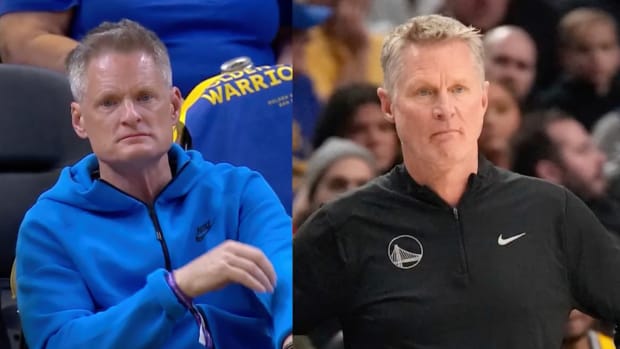 A Warriors fan is shown next to coach Steve Kerr.