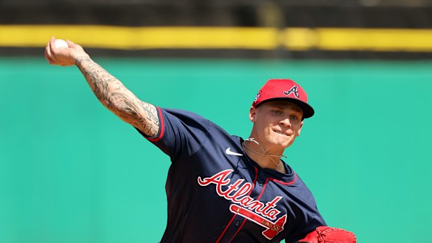 Feb 28, 2024; Clearwater, Florida, USA; Atlanta Braves starting pitcher AJ Smith-Shawver (32) throws a pitch during the first inning against the Philadelphia Phillies at BayCare Ballpark.