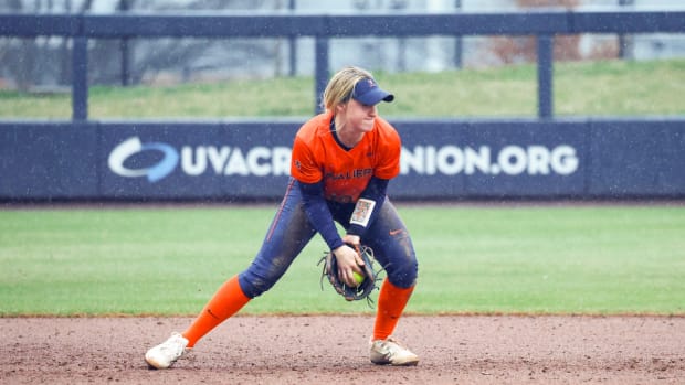 Jade Hylton fields a ground ball during the Virginia softball game against Lehigh at Palmer Park.