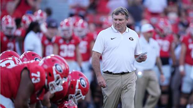  Sep 23, 2023; Athens, Georgia, USA; Georgia Bulldogs head coach Kirby Smart reacts against the UAB Blazers at Sanford Stadium.