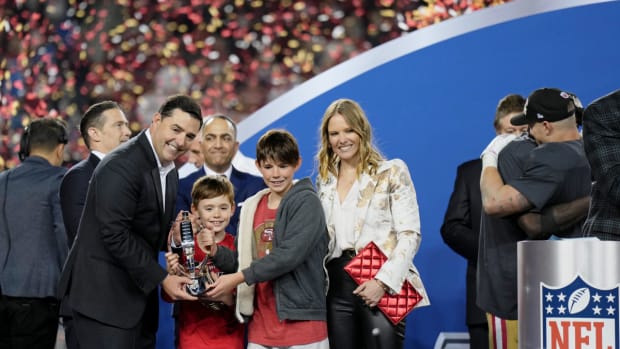 Jan 28, 2024; Santa Clara, California, USA; San Francisco 49ers chief executive officer Jed York poses for a photo with the George Halas Trophy after winning the NFC Championship football game against the Detroit Lions at Levi's Stadium. Mandatory Credit: Kyle Terada-USA TODAY Sports  
