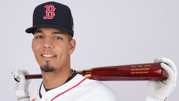Feb 20, 2024; Lee County, FL, USA; Boston Red Sox shortstop Vaughn Grissom (5) poses for a photo during media day at JetBlue Park.