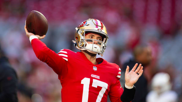Dec 17, 2023; Glendale, Arizona, USA; San Francisco 49ers quarterback Brandon Allen (17) against the Arizona Cardinals at State Farm Stadium. Mandatory Credit: Mark J. Rebilas-USA TODAY Sports  