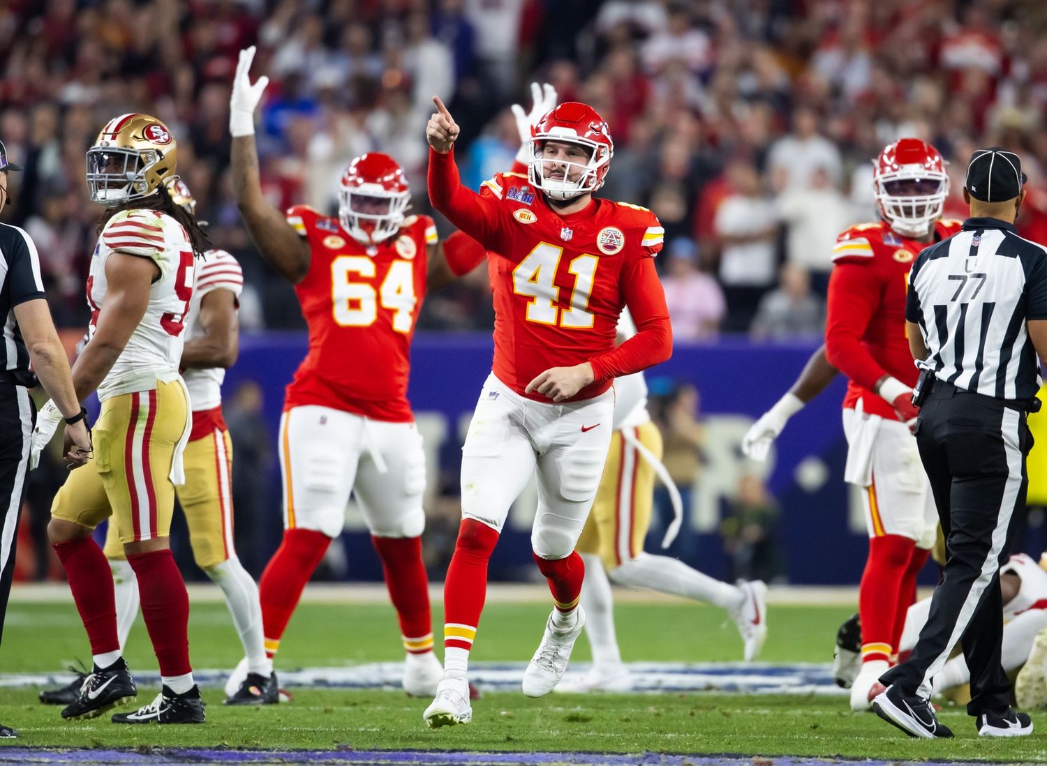 Feb 11, 2024; Paradise, Nevada, USA; Kansas City Chiefs long snapper James Winchester (41) celebrates a play against the San Francisco 49ers in Super Bowl LVIII at Allegiant Stadium. Mandatory Credit: Mark J. Rebilas-USA TODAY Sports  