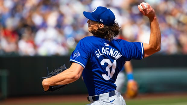 Feb 24, 2024; Tempe, Arizona, USA; Los Angeles Dodgers pitcher Tyler Glasnow against the Los Angeles Angels during a spring training game at Tempe Diablo Stadium.