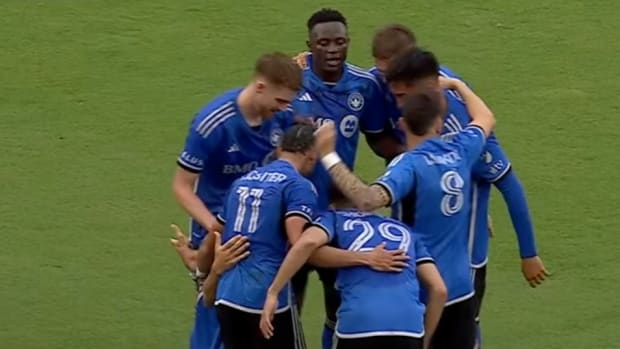 Players from Montreal pictured celebrating a goal during their 3-2 win at Inter Miami in March 2024