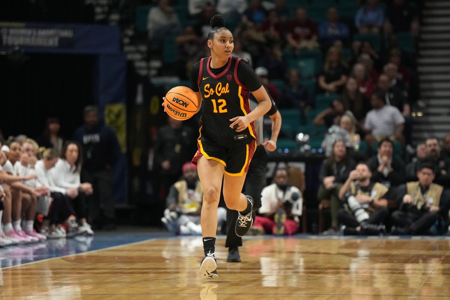 Mar 10, 2024; Las Vegas, NV, USA; Southern California Trojans guard JuJu Watkins (12) dribbles the ball against the Stanford Cardinal in the second half of the Pac-12 Tournament women's championship game at MGM Grand Garden Arena.