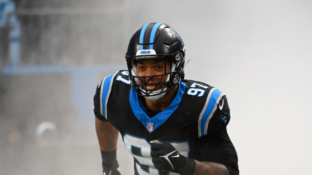 Dec 17, 2023; Charlotte, North Carolina, USA; Carolina Panthers linebacker Yetur Gross-Matos (97) is introduced before the game at Bank of America Stadium. Mandatory Credit: Bob Donnan-USA TODAY Sports  