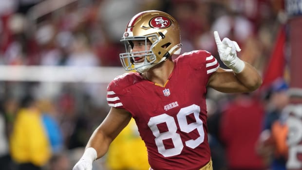Oct 8, 2023; Santa Clara, California, USA; San Francisco 49ers tight end Charlie Woerner (89) gestures during the fourth quarter against the Dallas Cowboys at Levi's Stadium.