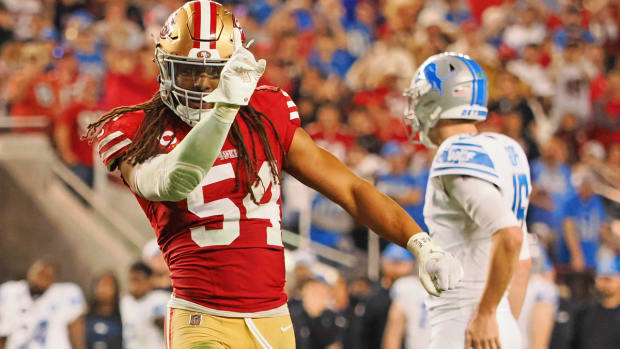 Jan 28, 2024; Santa Clara, California, USA; San Francisco 49ers linebacker Fred Warner (54) reacts after a play against the Detroit Lions during the second half of the NFC Championship football game at Levi's Stadium. Mandatory Credit: Kelley L Cox-USA TODAY Sports  