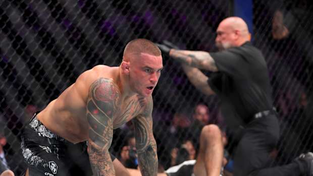 Mar 9, 2024; Miami, Florida, USA; Dustin Poirier reacts after knocking out Benoit Saint Denis during UFC 299 at Kayesa Center. Mandatory Credit: Sam Navarro-USA TODAY Sports
