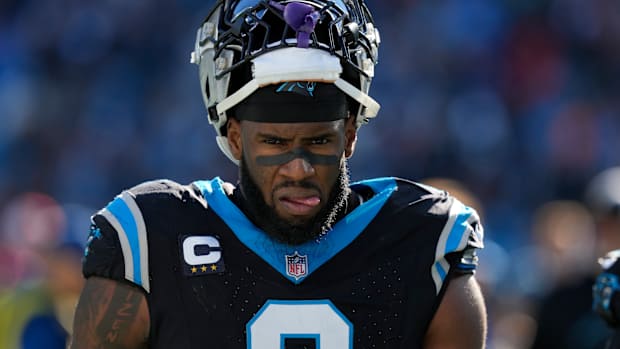 Jan 7, 2024; Charlotte, North Carolina, USA; Carolina Panthers linebacker Brian Burns (0) during the second quarter against the Tampa Bay Buccaneers at Bank of America Stadium.