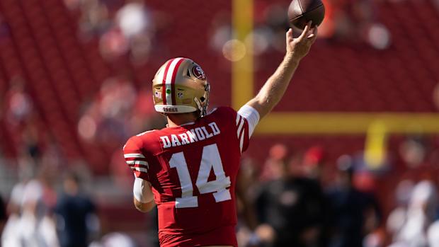 Aug 19, 2023; Santa Clara, California, USA; San Francisco 49ers quarterback Sam Darnold (14) warms up before the start of the first quarter against the Denver Broncos at Levi's Stadium.