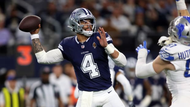 Dec 30, 2023; Arlington, Texas, USA; Dallas Cowboys quarterback Dak Prescott (4 ) throws a pass in the first quarter against the Detroit Lions at AT&T Stadium.