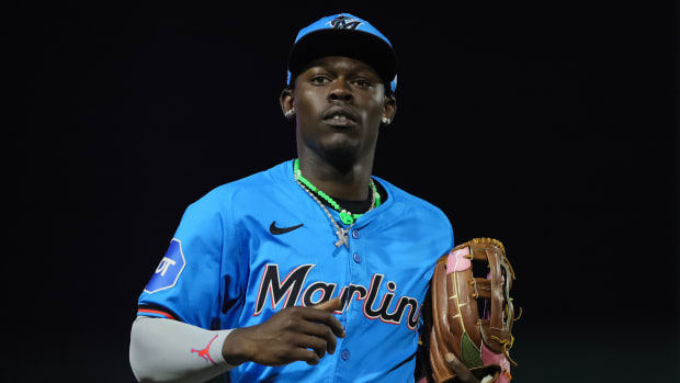 Mar 8, 2024; Jupiter, Florida, USA; Miami Marlins center fielder Jazz Chisholm Jr. (2) runs on the field against the New York Mets after the fourth inning at Roger Dean Chevrolet Stadium. Mandatory Credit: Sam Navarro-USA TODAY Sports  