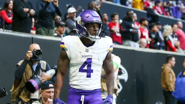 Nov 5, 2023; Atlanta, Georgia, USA; Minnesota Vikings wide receiver Brandon Powell (4) celebrates after a touchdown against the Atlanta Falcons in the second half at Mercedes-Benz Stadium.