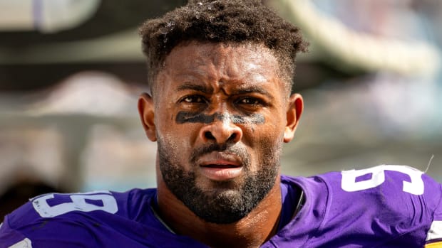 Oct 1, 2023; Charlotte, North Carolina, USA; Minnesota Vikings linebacker Danielle Hunter (99) on the sidelines in the third quarter at Bank of America Stadium.