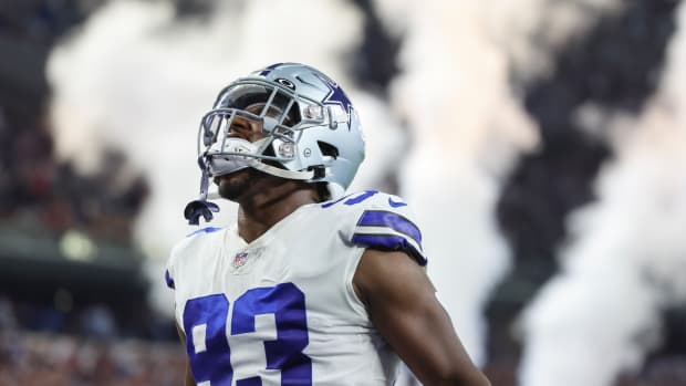 Sep 11, 2022; Arlington, Texas, USA; Dallas Cowboys defensive end Tarell Basham (93) reacts against the Tampa Bay Buccaneers at AT&T Stadium. Mandatory Credit: Kevin Jairaj-USA TODAY Sports  