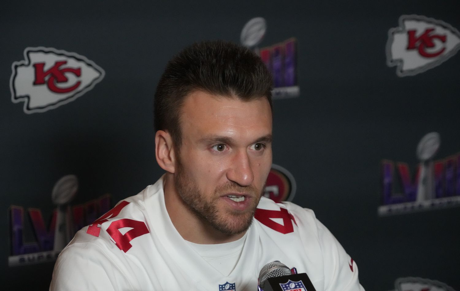 Feb 6, 2024; Las Vegas, NV, USA; San Francisco 49ers fullback Kyle Juszczyk (44) during a press conference before Super Bowl LVIII at the Hilton Lake Las Vegas Resort. Mandatory Credit: Kirby Lee-USA TODAY Sports  