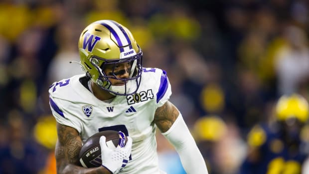 Jan 8, 2024; Houston, TX, USA; Washington Huskies wide receiver Ja'Lynn Polk (2) against the Michigan Wolverines during the 2024 College Football Playoff national championship game at NRG Stadium. Mandatory Credit: Mark J. Rebilas-USA TODAY Sports  