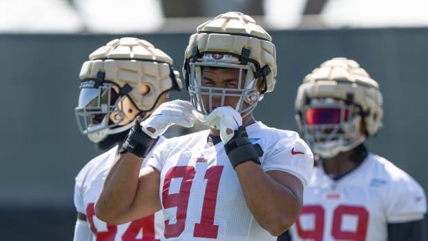 Jul 27, 2022; Santa Clara, CA, USA; San Francisco 49ers defensive end Arik Armstead (91) during warm ups at the SAP Performance Facility near Levi Stadium. Mandatory Credit: Stan Szeto-USA TODAY Sports  