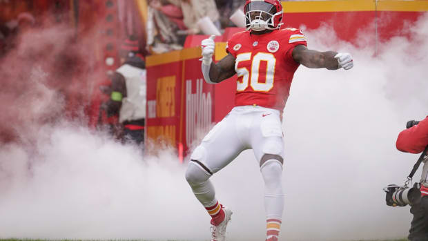 Dec 25, 2023; Kansas City, Missouri, USA; Kansas City Chiefs linebacker Willie Gay (50) is introduced against the Las Vegas Raiders prior to a game at GEHA Field at Arrowhead Stadium. Mandatory Credit: Denny Medley-USA TODAY Sports  