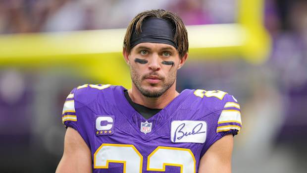 Sep 10, 2023; Minneapolis, Minnesota, USA; Minnesota Vikings safety Harrison Smith (22) warms up before the game against the Tampa Bay Buccaneers at U.S. Bank Stadium.