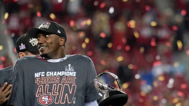 Jan 28, 2024; Santa Clara, California, USA; San Francisco 49ers wide receiver Deebo Samuel (19) celebrates after winning the NFC Championship football game against the Detroit Lions at Levi's Stadium. Mandatory Credit: Kyle Terada-USA TODAY Sports  