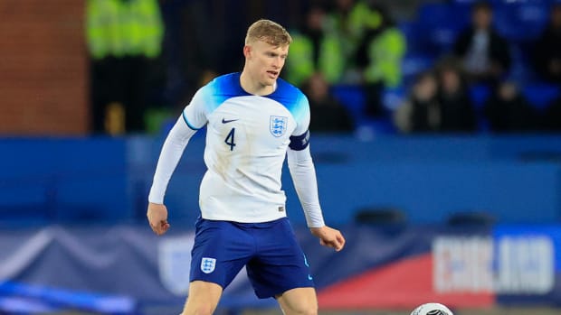 Jarrad Branthwaite pictured in November 2023 while playing for England against Northern Ireland in a U21 international