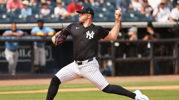 Mar 6, 2024; Tampa, Florida, USA; New York Yankees starting pitcher Carlos Rodon (55) throws a pitch during the first inning against the Tampa Bay Rays at George M. Steinbrenner Field.