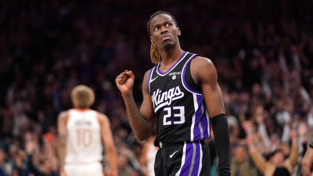 Mar 7, 2024; Sacramento, California, USA; Sacramento Kings guard Keon Ellis (23) reacts after the Kings defeated the San Antonio Spurs at the Golden 1 Center. Mandatory Credit: Cary Edmondson-USA TODAY Sports  