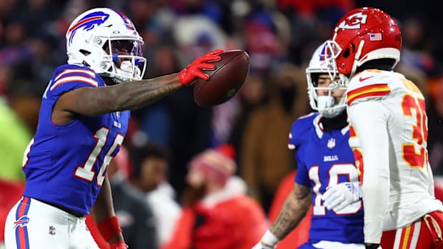 Jan 21, 2024; Orchard Park, New York, USA; Buffalo Bills wide receiver Trent Sherfield (16) reacts after a catch against the Kansas City Chiefs during the second half for the 2024 AFC divisional round game at Highmark Stadium.