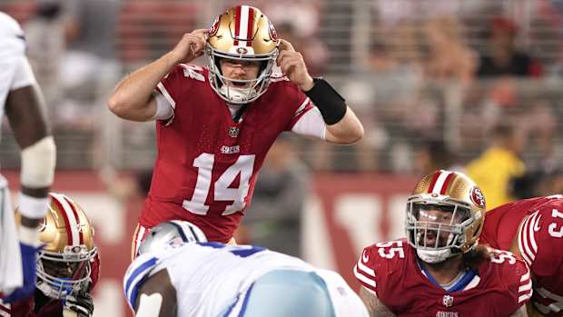 Oct 8, 2023; Santa Clara, California, USA; San Francisco 49ers quarterback Sam Darnold (14) gestures during the fourth quarter against the Dallas Cowboys at Levi's Stadium.
