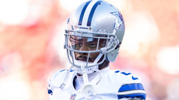Cowboys cornerback Jourdan Lewis looks on before a game.