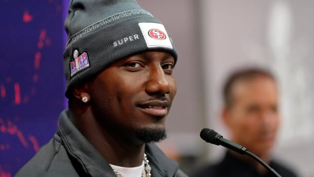 Feb 5, 2024; Las Vegas, NV, USA; San Francisco 49ers wide receiver Deebo Samuel (19) talks to the media during Super Bowl LVIII Opening Night at Allegiant Stadium. Mandatory Credit: Lucas Peltier-USA TODAY Sports  