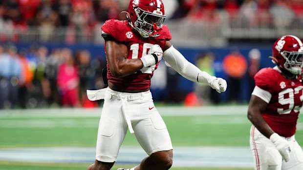 Dec 2, 2023; Atlanta, GA, USA; Alabama Crimson Tide linebacker Dallas Turner (15) celebrates after a sack in the second quarter against the Georgia Bulldogs in the SEC Championship at Mercedes-Benz Stadium.