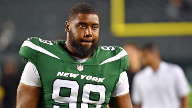 Aug 12, 2022; Philadelphia, Pennsylvania, USA; New York Jets defensive tackle Sheldon Rankins (98) against the Philadelphia Eagles at Lincoln Financial Field. Mandatory Credit: Eric Hartline-USA TODAY Sports  
