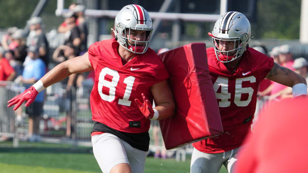 am Hart (81) and Jace Middleton (46) compete during the first football practice of the 2023 season at the Woody Hayes Athletic Center