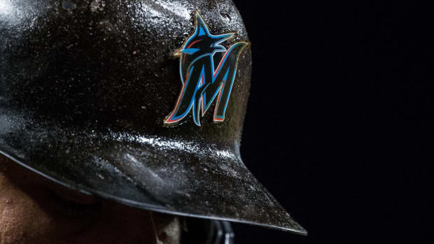 Generic Apr 26, 2019; Philadelphia, PA, USA; Helmet detail for Miami Marlins shortstop Miguel Rojas (19) during the second inning against the Philadelphia Phillies at Citizens Bank Park. Mandatory Credit: Bill Streicher-USA TODAY Sports