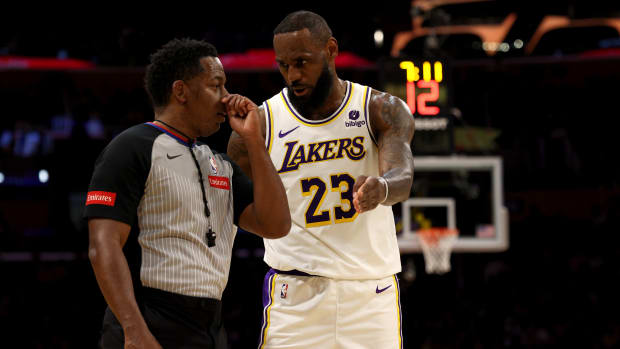 James during the Lakers’ 128-121 loss to the Warriors on March 16, 2024.