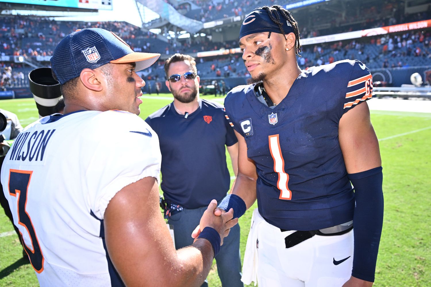 Wilson and Fields after the Broncos’ 31-28 win over the Bears on Oct. 1, 2023.