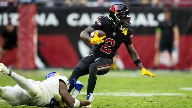 Nov 26, 2023; Glendale, Arizona, USA; Arizona Cardinals wide receiver Marquise Brown (2) against the Los Angeles Rams at State Farm Stadium. Mandatory Credit: Mark J. Rebilas-USA TODAY Sports  