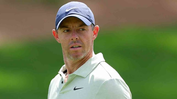Rory McIlroy walks the first fairway during the final round of the 2024 Players Championship at TPC Sawgrass in Ponte Vedra Beach, Fla.