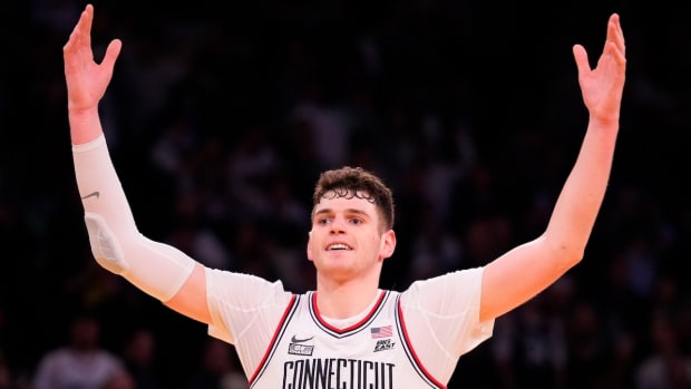 UConn Huskies center Donovan Clingan (32) celebrates as the clock winds down against Marquette Golden Eagles in the second half at Madison Square Garden in New York City on March 16, 2024.