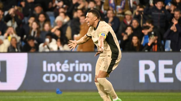 Kylian Mbappe pictured celebrating after scoring three goals for Paris Saint-Germain in a 6-2 win over Montpellier in March 2024