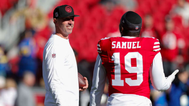 Jan 7, 2024; Santa Clara, California, USA; San Francisco 49ers head coach Kyle Shanahan and wide receiver Deebo Samuel (19) before the game against the Los Angeles Rams at Levi's Stadium. Mandatory Credit: Sergio Estrada-USA TODAY Sports  