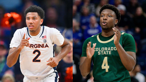 Virginia Cavaliers men's basketball guard Reece Beekman and Colorado State Rams guard Isaiah Stevens.