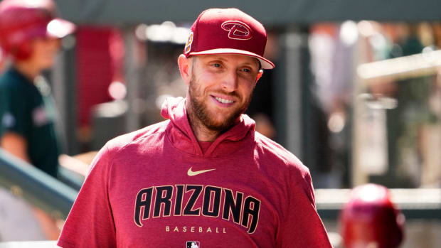 Arizona Diamondbacks pitcher Merrill Kelly (29) in the dugout against the  Dodgers at Salt River Fields in Scottsdale on March 23, 2023.
