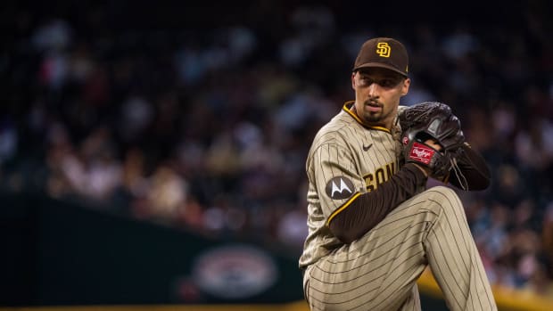 Aug 11, 2023; Phoenix, Arizona, USA; San Diego Padres pitcher Blake Snell (4) on the mound in the fifth inning against the Arizona Diamondbacks at Chase Field.