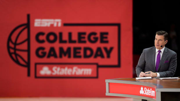 Rece Davis speaks during ESPN's 'College GameDay' broadcast ahead of No. 4 Tennessee's basketball game against No. 10 Texas at Thompson-Boling Arena in Knoxville, Tenn., on Saturday, Jan. 28, 2023.